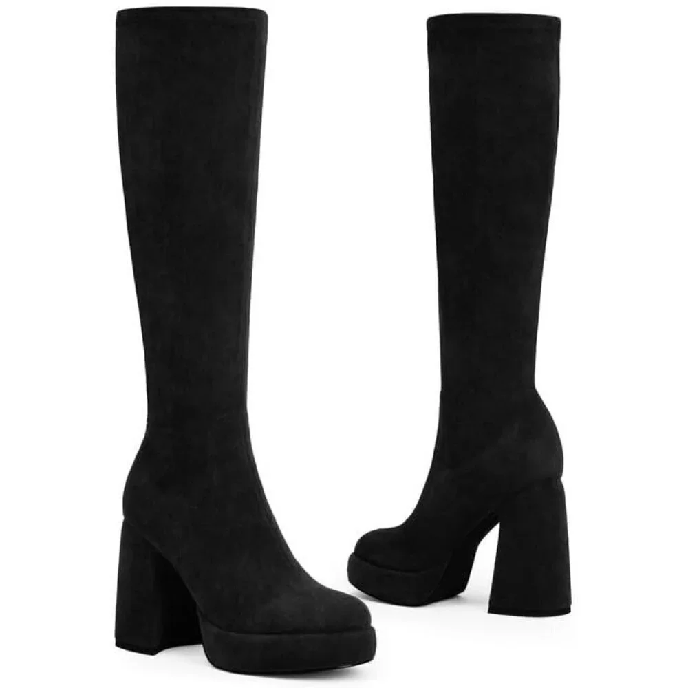 Women's Blacksuede Platform Knee High Boots Chunky Heel Rounded Toe Zipper